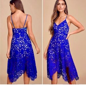 Lulus One Wish Royal Blue Eyelash Lace Midi Dress Large Boning Handkerchief Hem